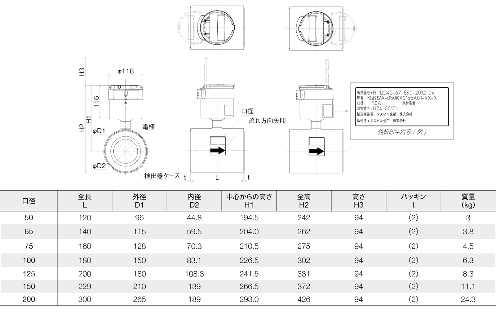 主要寸法表・外観寸法図